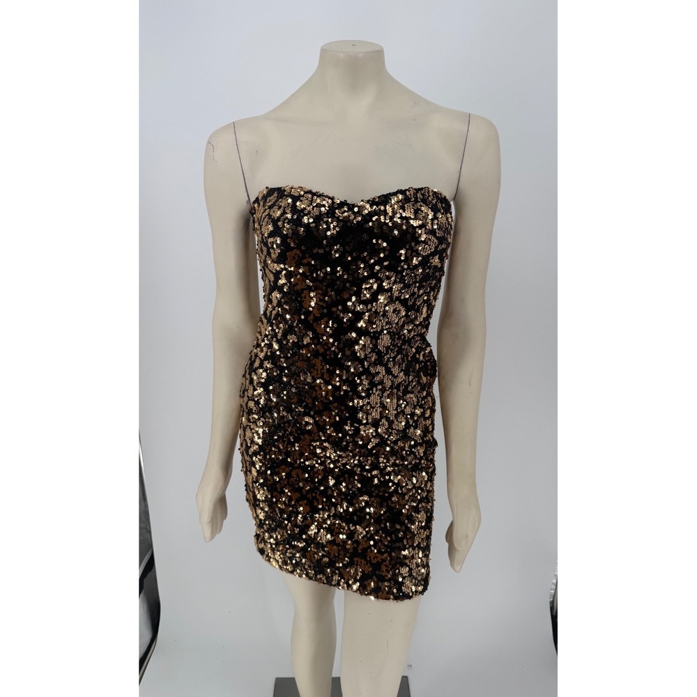 Frederick's of Hollywood M Black Gold Sequin Strapless Bodycon Mini Dress